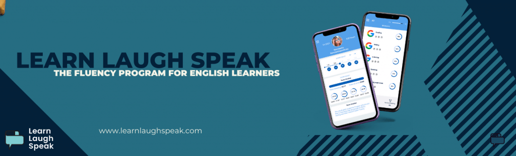 Learn laugh speak banner with mobile app for fluency and LLS logo