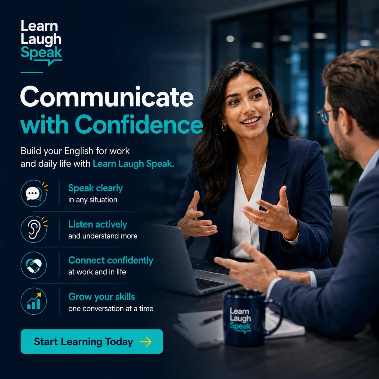Learn Laugh Speak CTA image encouraging adults to improve English communication skills for work, customer service, and daily life.
