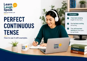 Adult English learner studying the perfect continuous tense in a modern Learn Laugh Speak workspace.