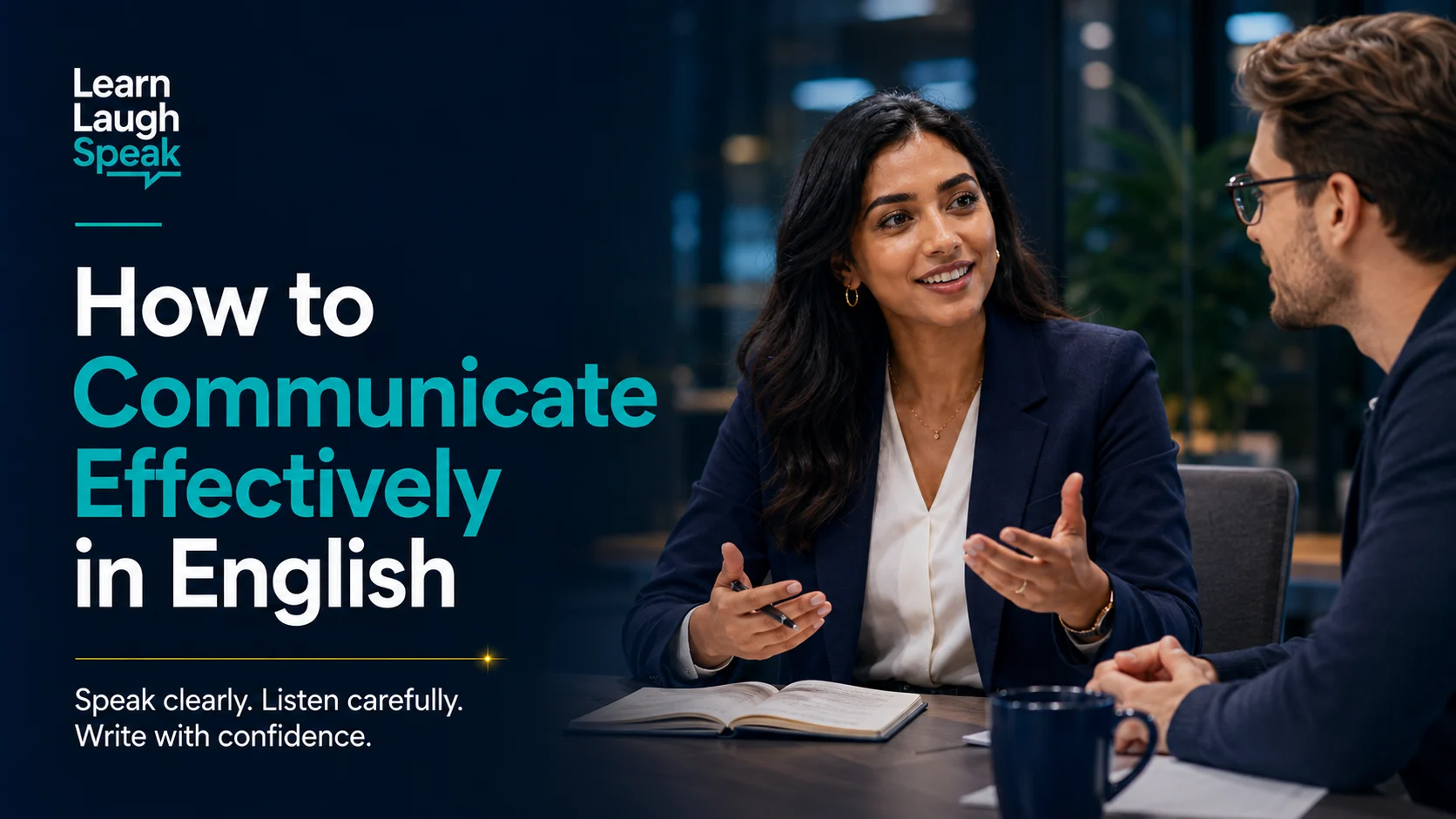 Adult English learner practising how to communicate effectively in English in a modern Learn Laugh Speak workplace setting.