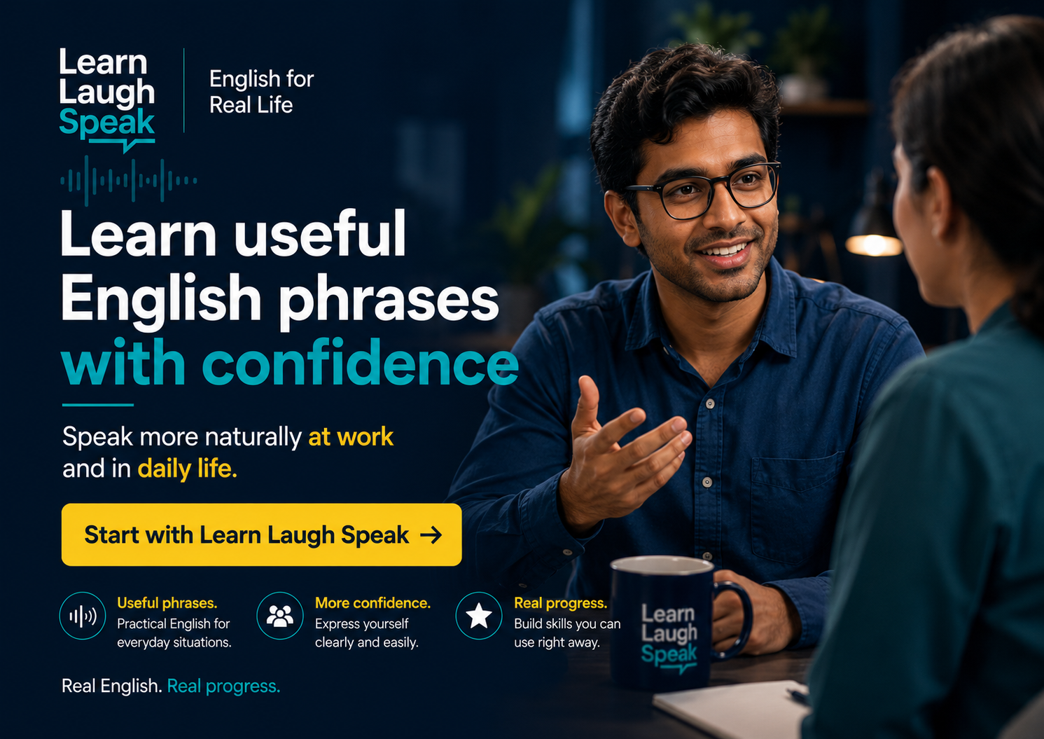 Learn Laugh Speak CTA image encouraging adults to learn useful English phrases for work, daily life, and confident communication.