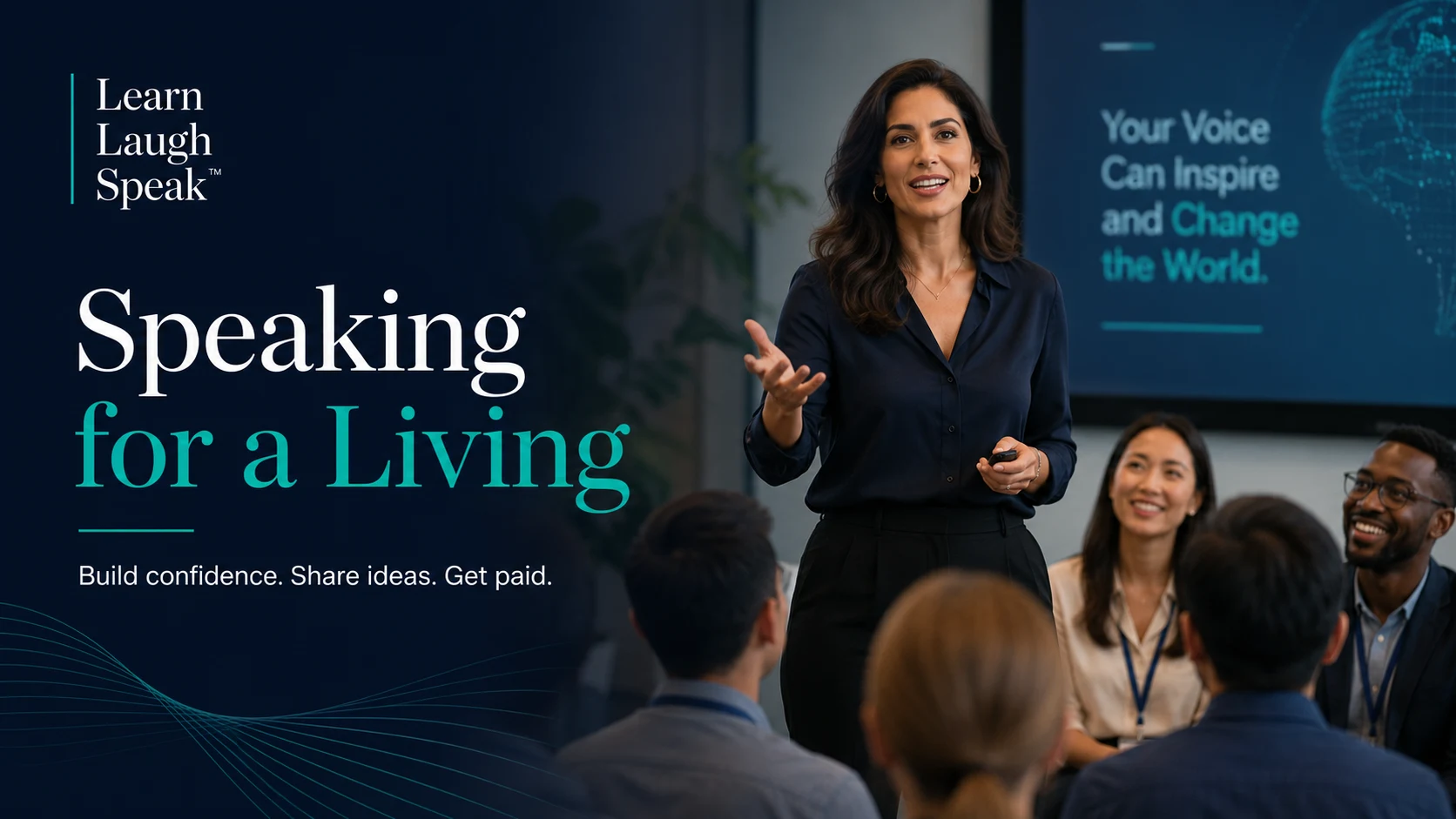 Learn Laugh Speak branded image encouraging adults to build public speaking confidence, improve English communication, and become paid speakers.