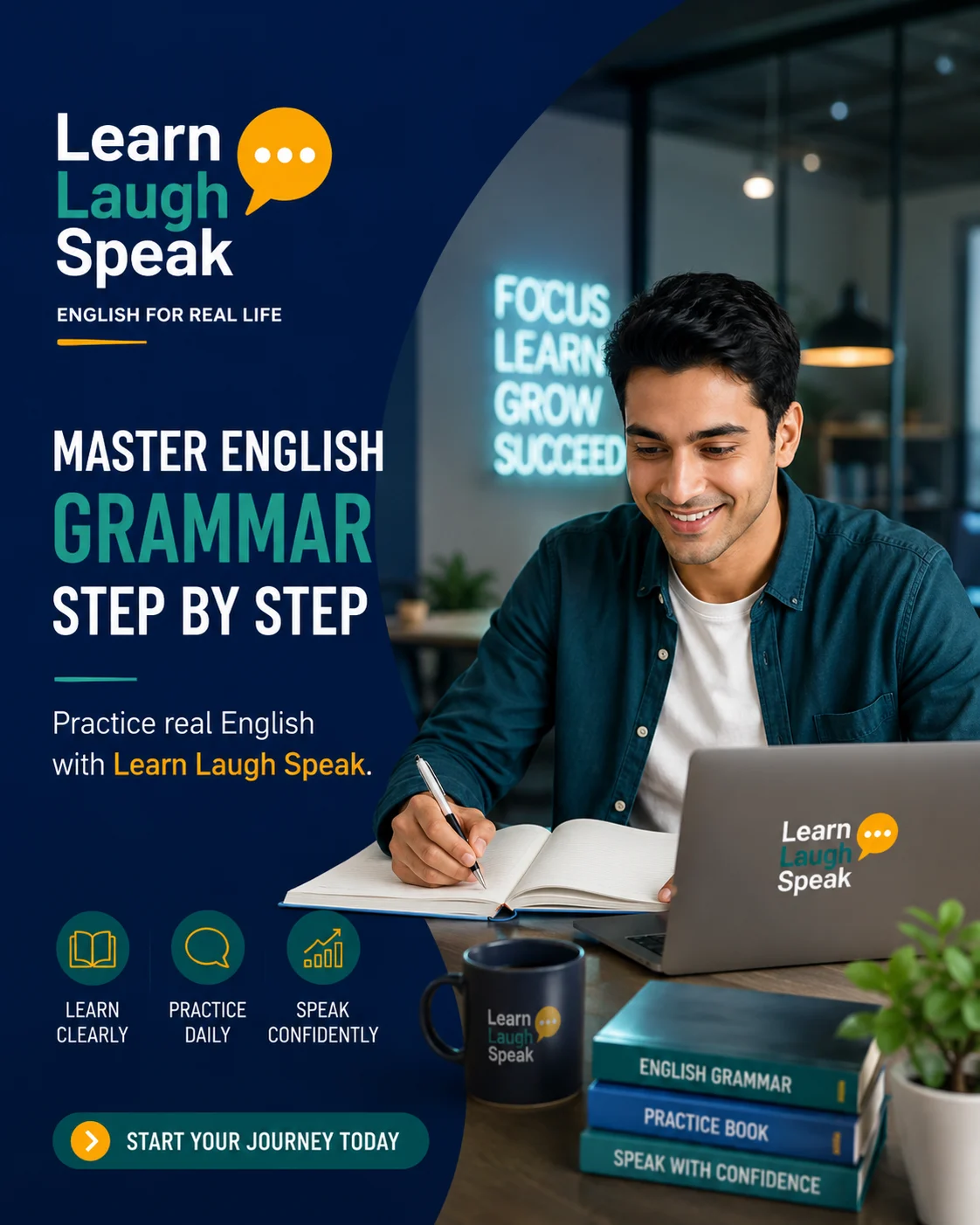 Learn Laugh Speak CTA image encouraging adults to practise English grammar, perfect continuous tense, and real communication skills.