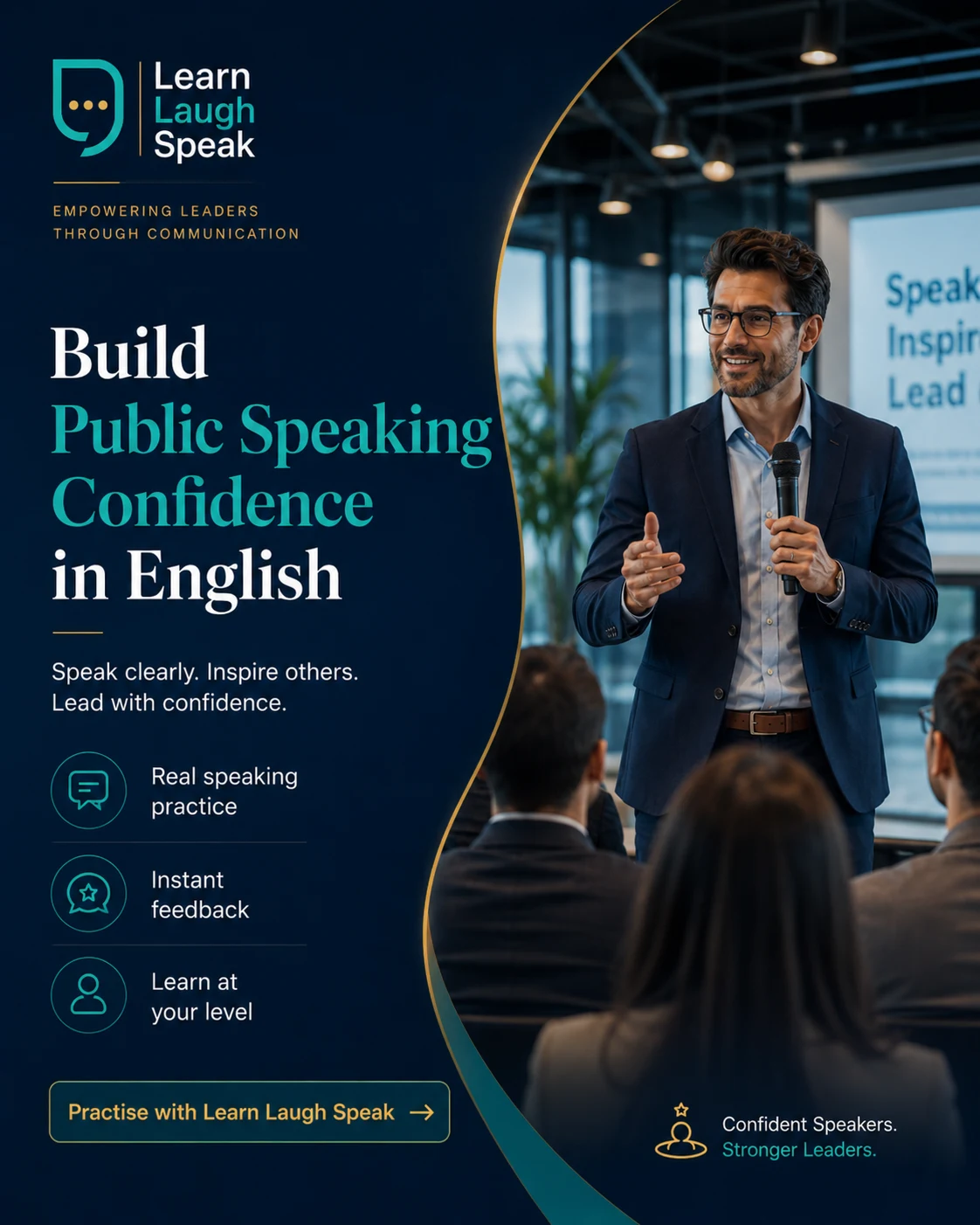 Learn Laugh Speak CTA image encouraging adults to become confident public speakers in English with speaking practice and professional communication lessons.