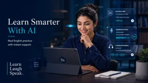 Adult English learner using AI in English learning with a laptop, headset, digital practice tools, and Learn Laugh Speak branding.
