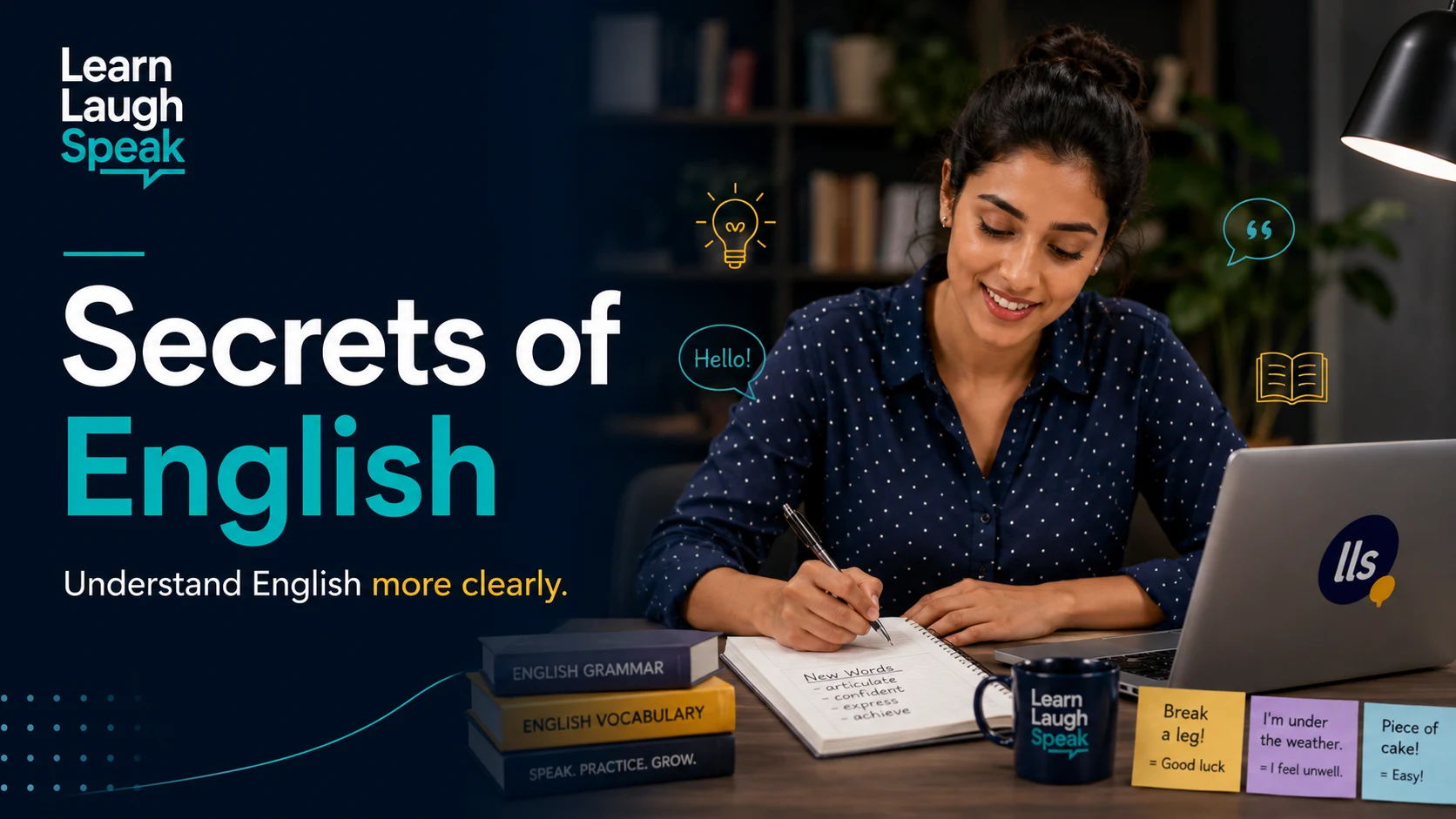 Adult English learner discovering the secrets of English through spelling, pronunciation, vocabulary, and real communication in a Learn Laugh Speak workspace.