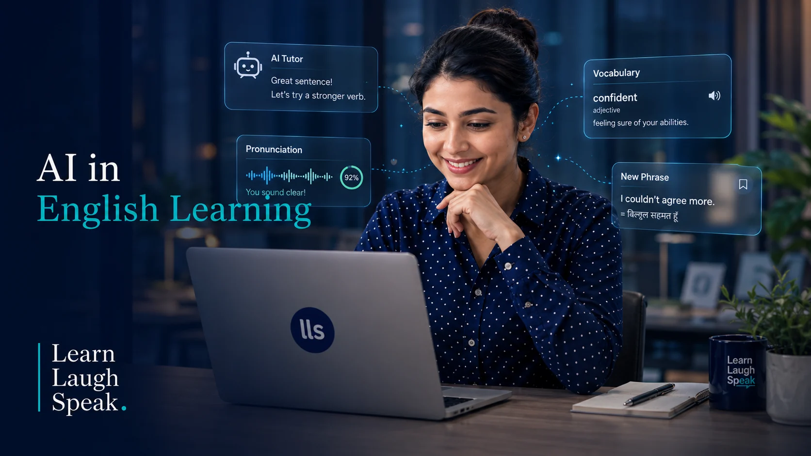 Infographic explaining AI in English learning, including speaking practice, writing feedback, pronunciation support, vocabulary review, and listening exercises.