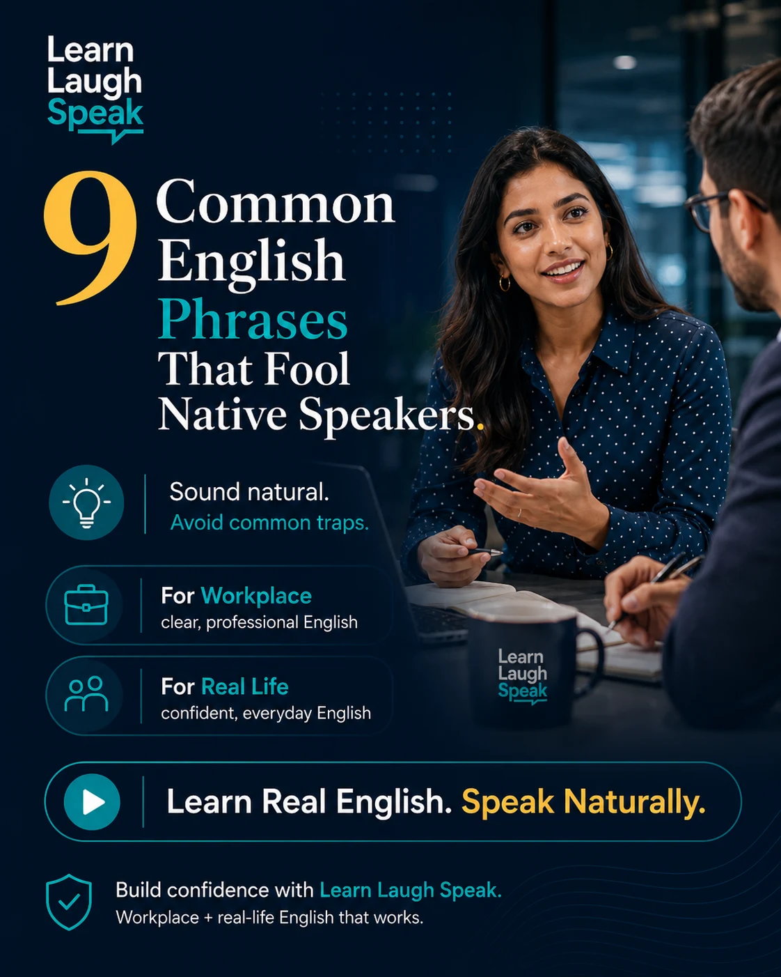 Infographic explaining 9 common English phrases that fool native speakers, including sneak peek, pass muster, moot point, and whet your appetite.