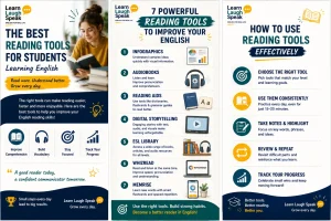 Infographic showing the best reading tools for students learning English, including graded readers, audiobooks, dictionaries, vocabulary apps, and reading journals.