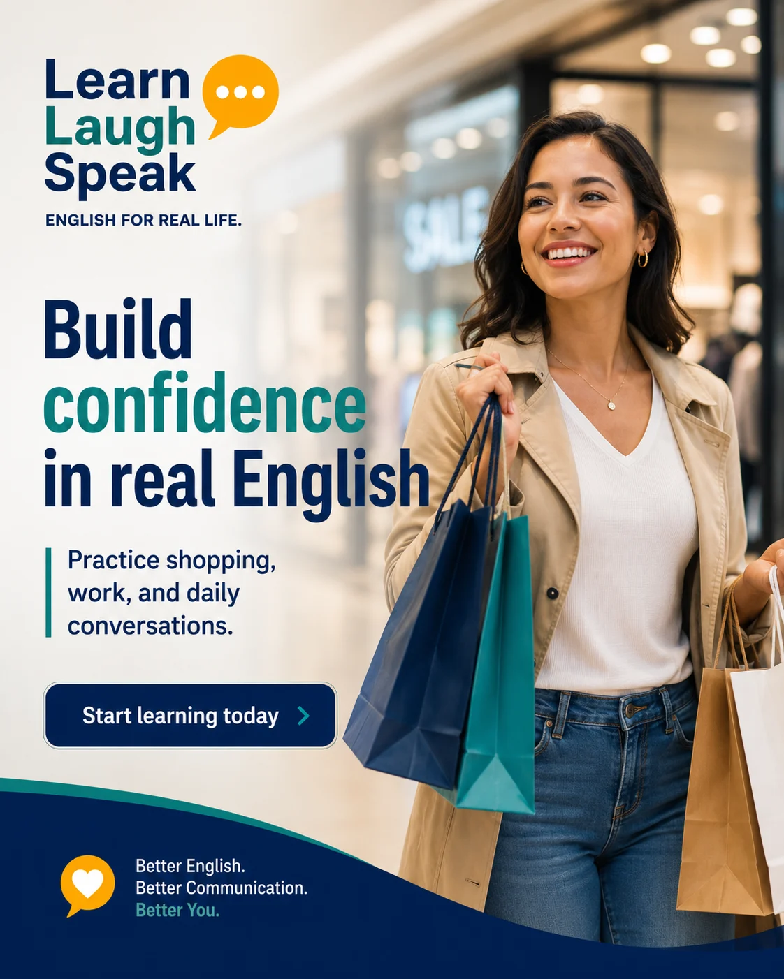 Learn Laugh Speak branded image encouraging adults to build confidence in real English through shopping, work, and daily conversations.