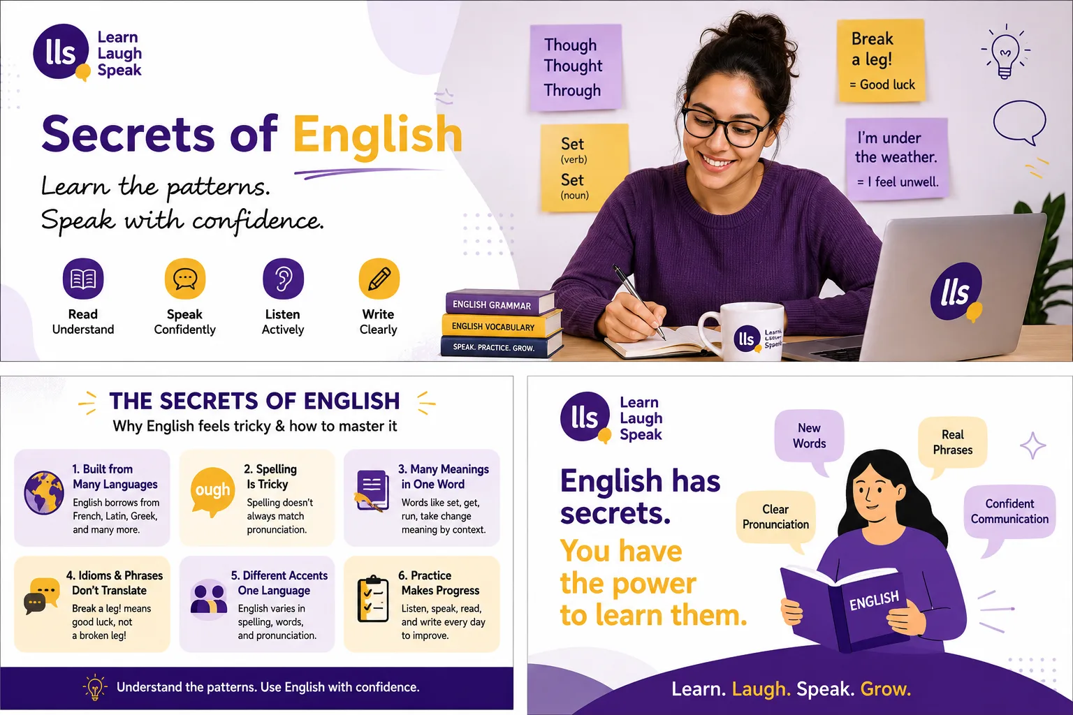 Infographic explaining the secrets of English, including borrowed words, strange spelling, flexible meanings, idioms, accents, and grammar patterns.