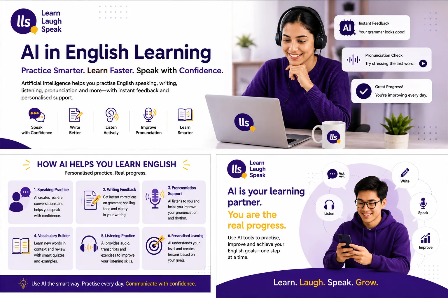 Infographic explaining AI in English learning, including speaking practice, writing feedback, pronunciation support, vocabulary review, and listening exercises.