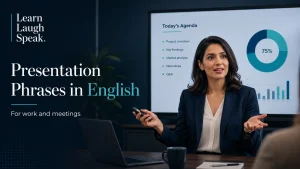 Presentation Phrases in English blog banner with a lady speaking in front of her presentation