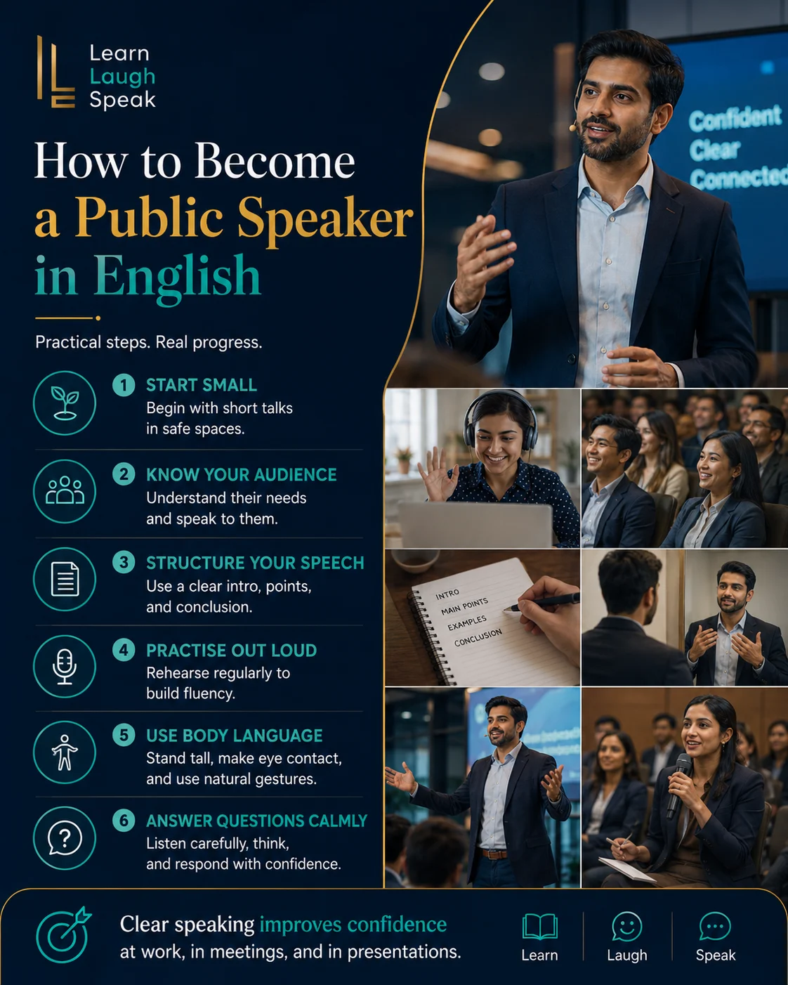 Infographic showing how to become a public speaker in English with tips for speech structure, confidence, body language, visual aids, and practice.