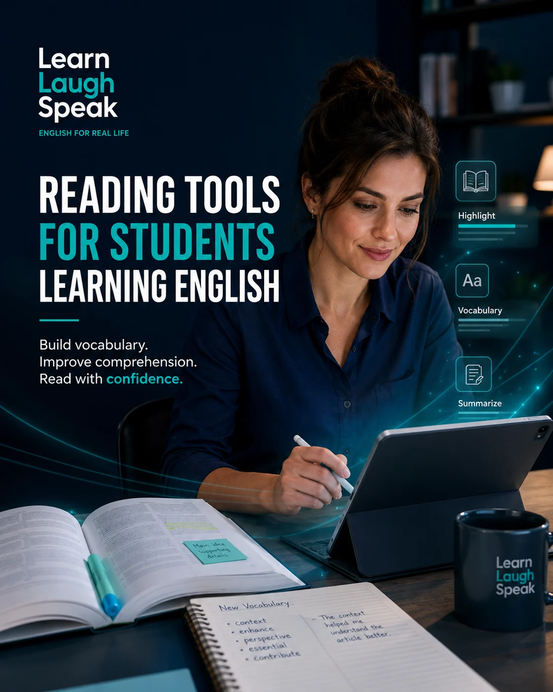Adult English learner using reading tools for students learning English in a modern Learn Laugh Speak workspace.