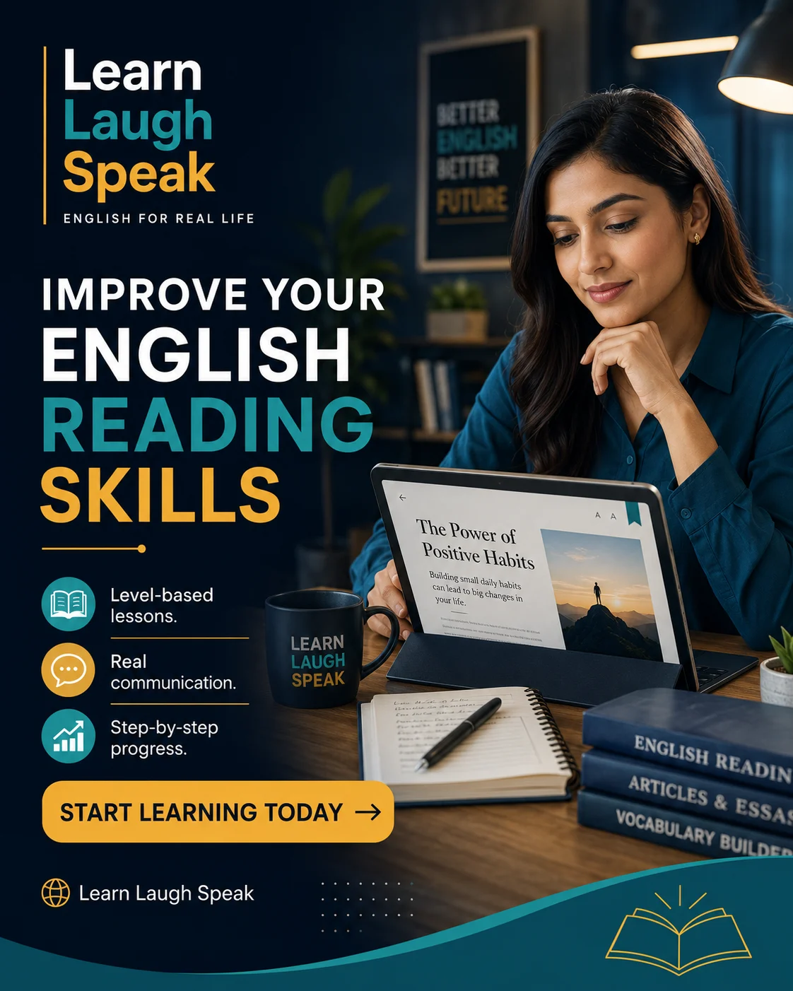 Adult English learner using reading tools for students learning English in a modern Learn Laugh Speak workspace.