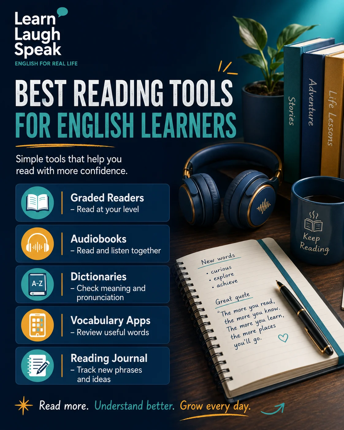 Learn Laugh Speak CTA image encouraging adults to improve English reading skills with level-based lessons, vocabulary practice, and real communication.