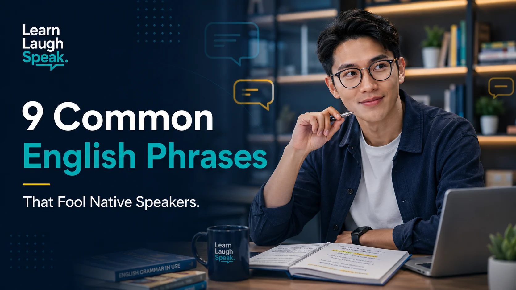 Adult English learner studying common English phrases that native speakers often get wrong in a Learn Laugh Speak workspace.
