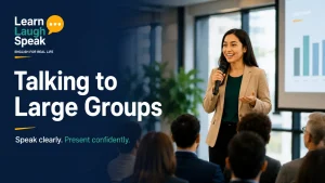 Adult English learner practising talking to large groups in a modern Learn Laugh Speak presentation setting.