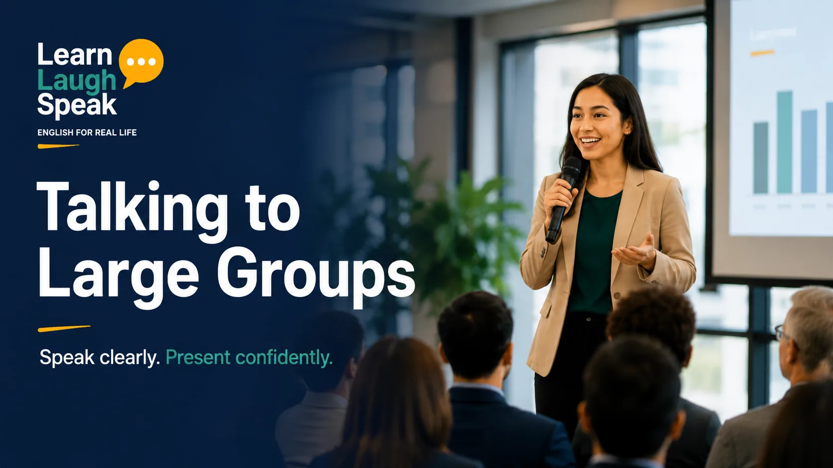Adult English learner practising talking to large groups in a modern Learn Laugh Speak presentation setting.