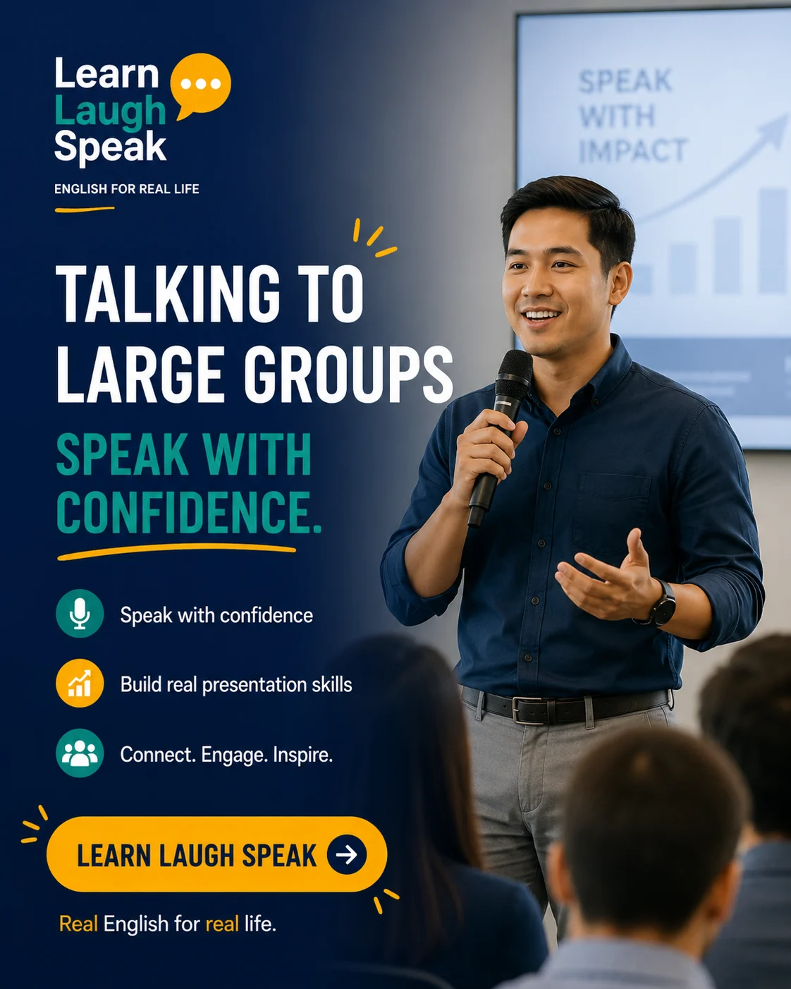 Learn Laugh Speak CTA image encouraging adults to practise public speaking, presentations, and confident communication in English.