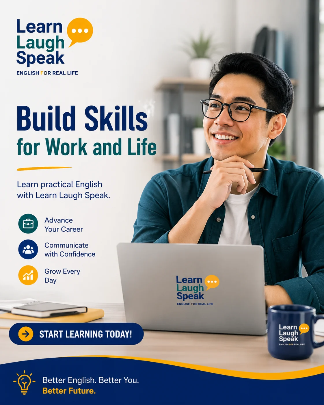 Learn Laugh Speak branded image encouraging adults to build soft and hard skills for work, communication, career growth, and real-life English.