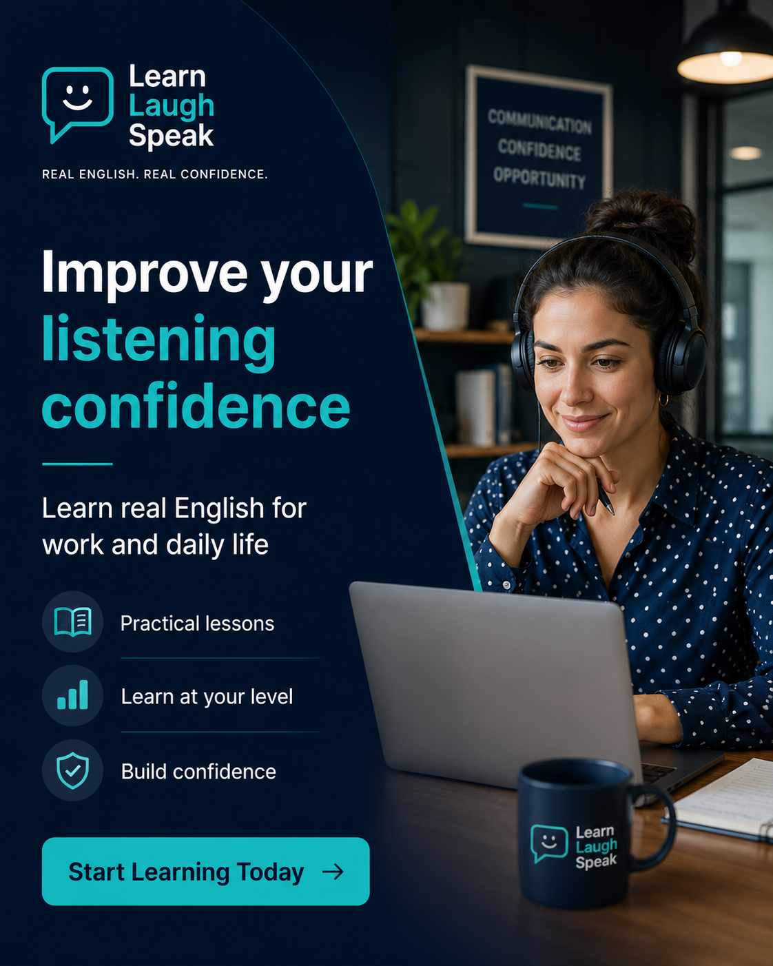 Learn Laugh Speak CTA image encouraging English learners to improve listening confidence for real English at work and in daily life.