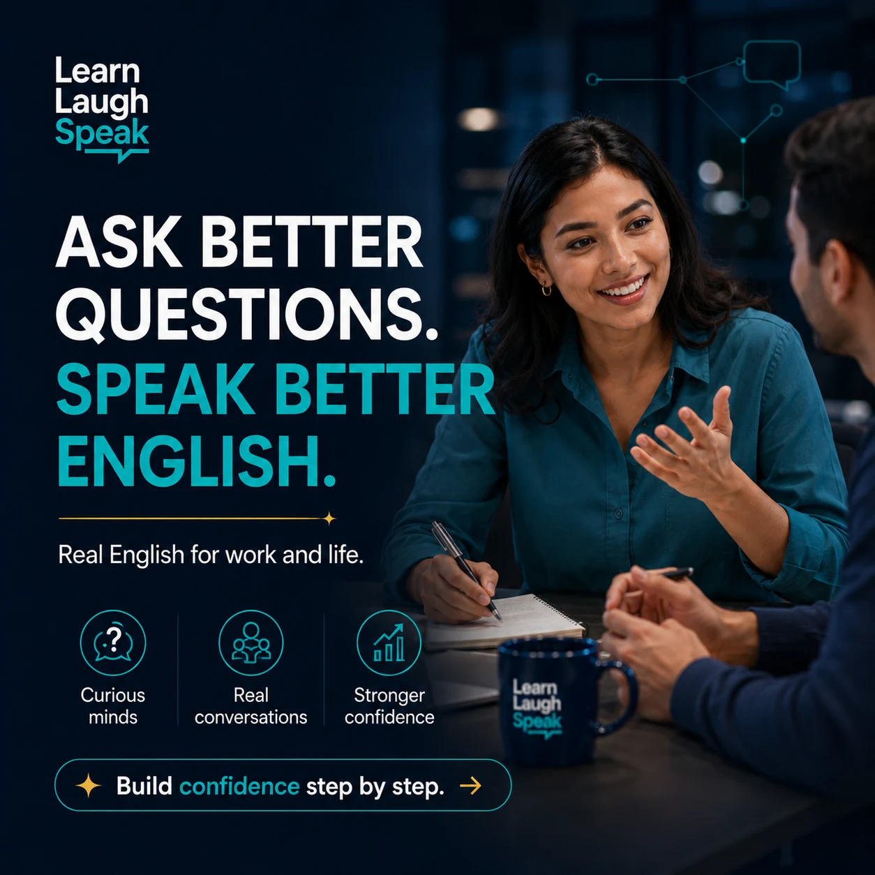 Learn Laugh Speak CTA image encouraging adults to practise real English with thought-provoking questions, speaking practice, and workplace communication.