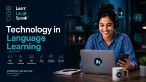 Adult English learner using technology in language learning with a laptop, headset, digital lessons, and Learn Laugh Speak branding.