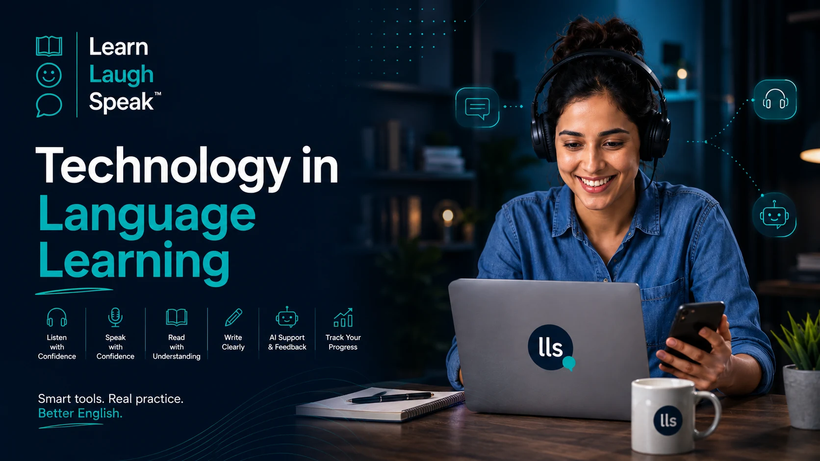 Adult English learner using technology in language learning with a laptop, headset, digital lessons, and Learn Laugh Speak branding.