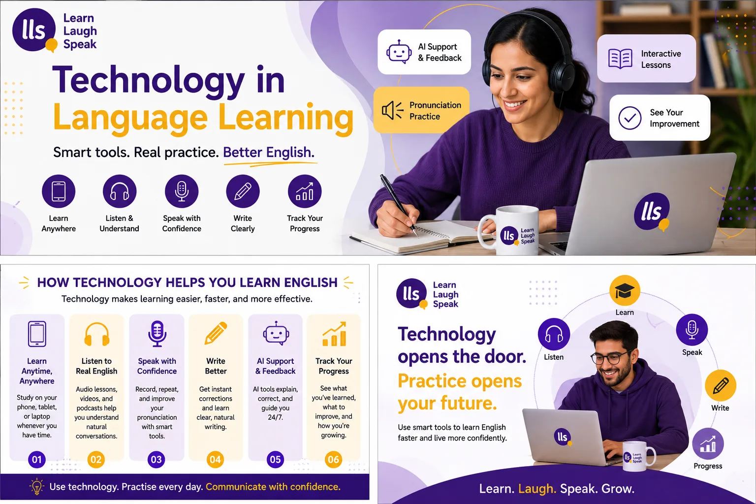 Infographic explaining technology in language learning, including AI support, pronunciation tools, speaking practice, listening, writing, and progress tracking.