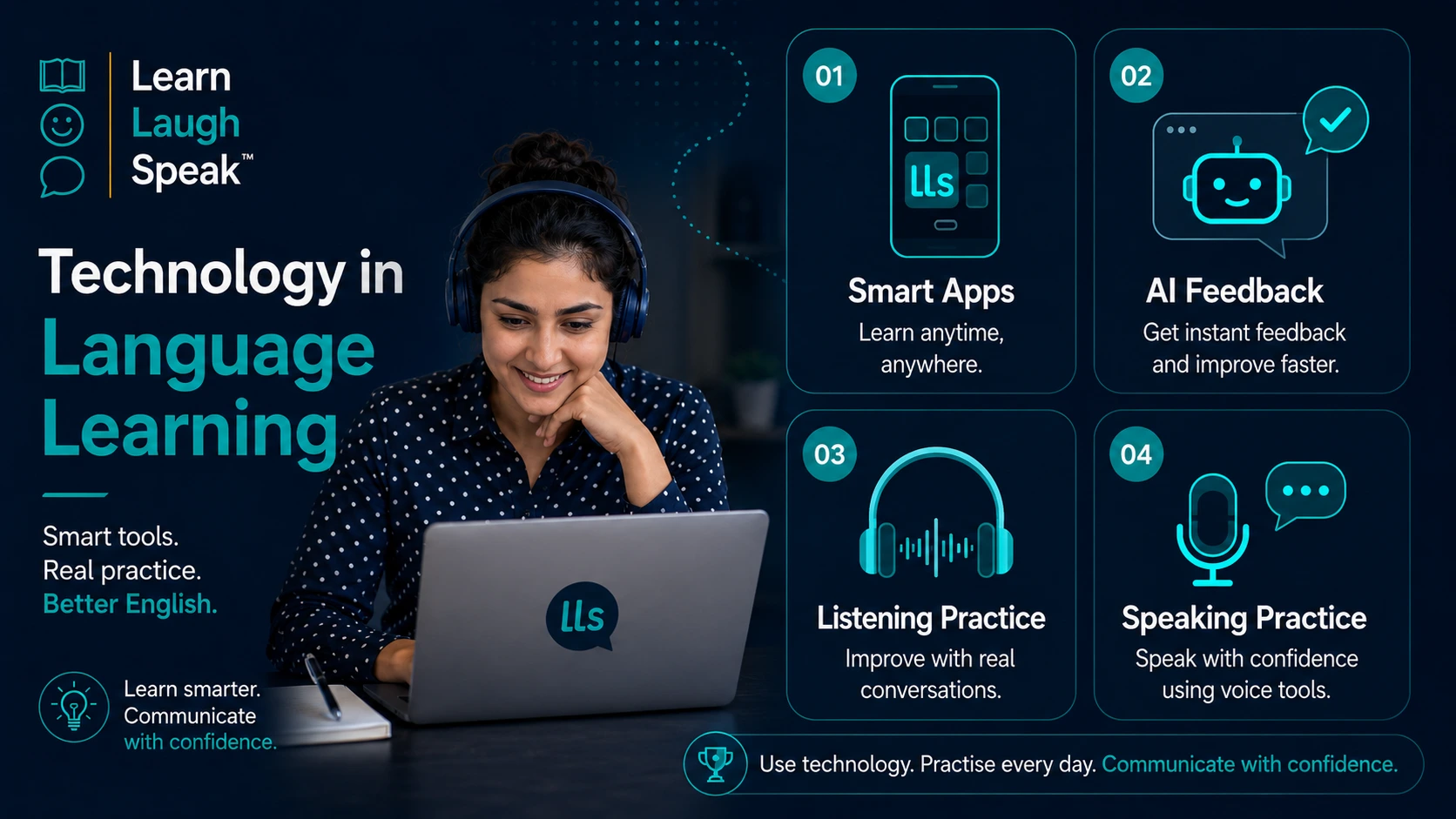 Infographic explaining technology in language learning, including AI support, pronunciation tools, speaking practice, listening, writing, and progress tracking.