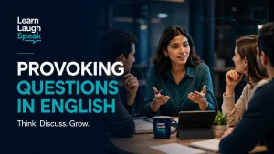 Adult English learner answering provoking questions in English during a modern Learn Laugh Speak workplace lesson.