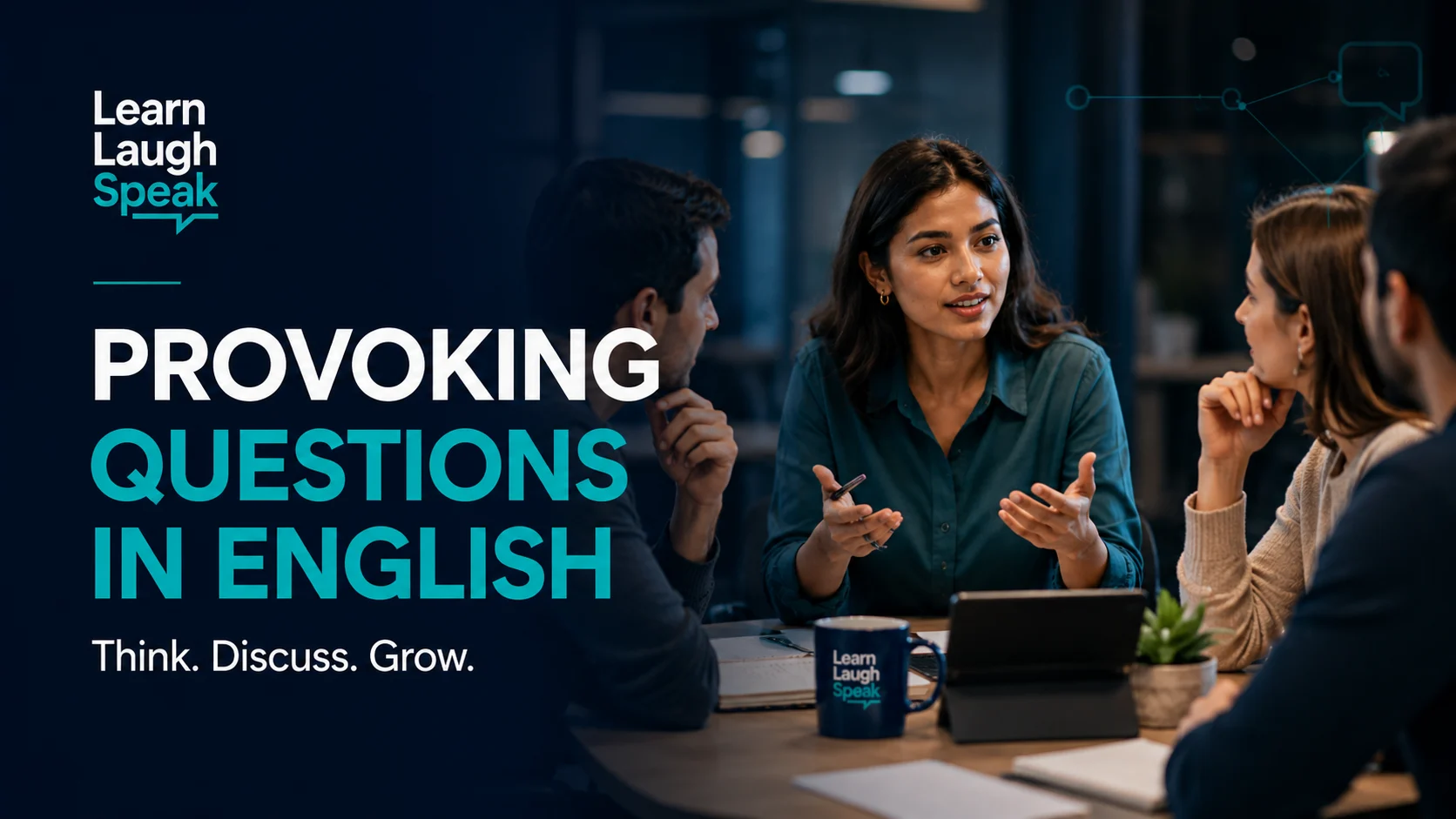 Adult English learner answering provoking questions in English during a modern Learn Laugh Speak workplace lesson.