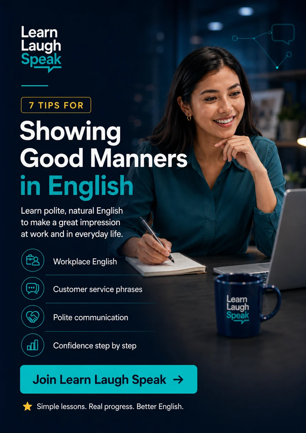 Learn Laugh Speak CTA image encouraging adults to practise polite English, workplace manners, and professional communication.