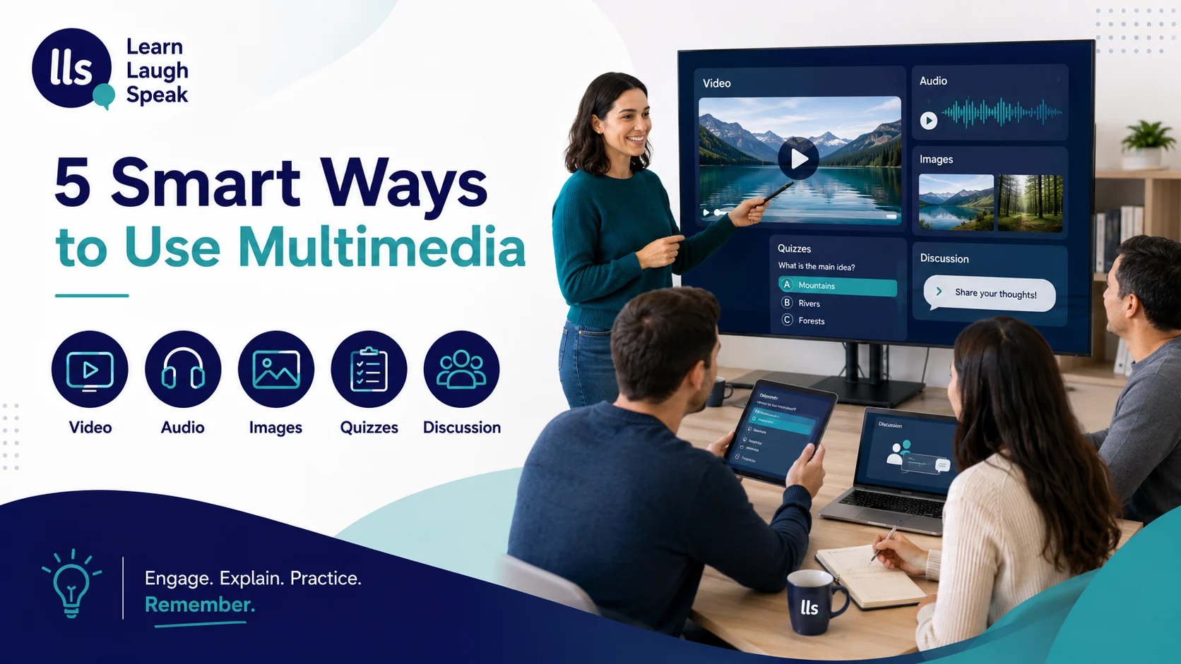 Teacher using multimedia in the classroom with video, audio, images, and interactive tools to support English learners.