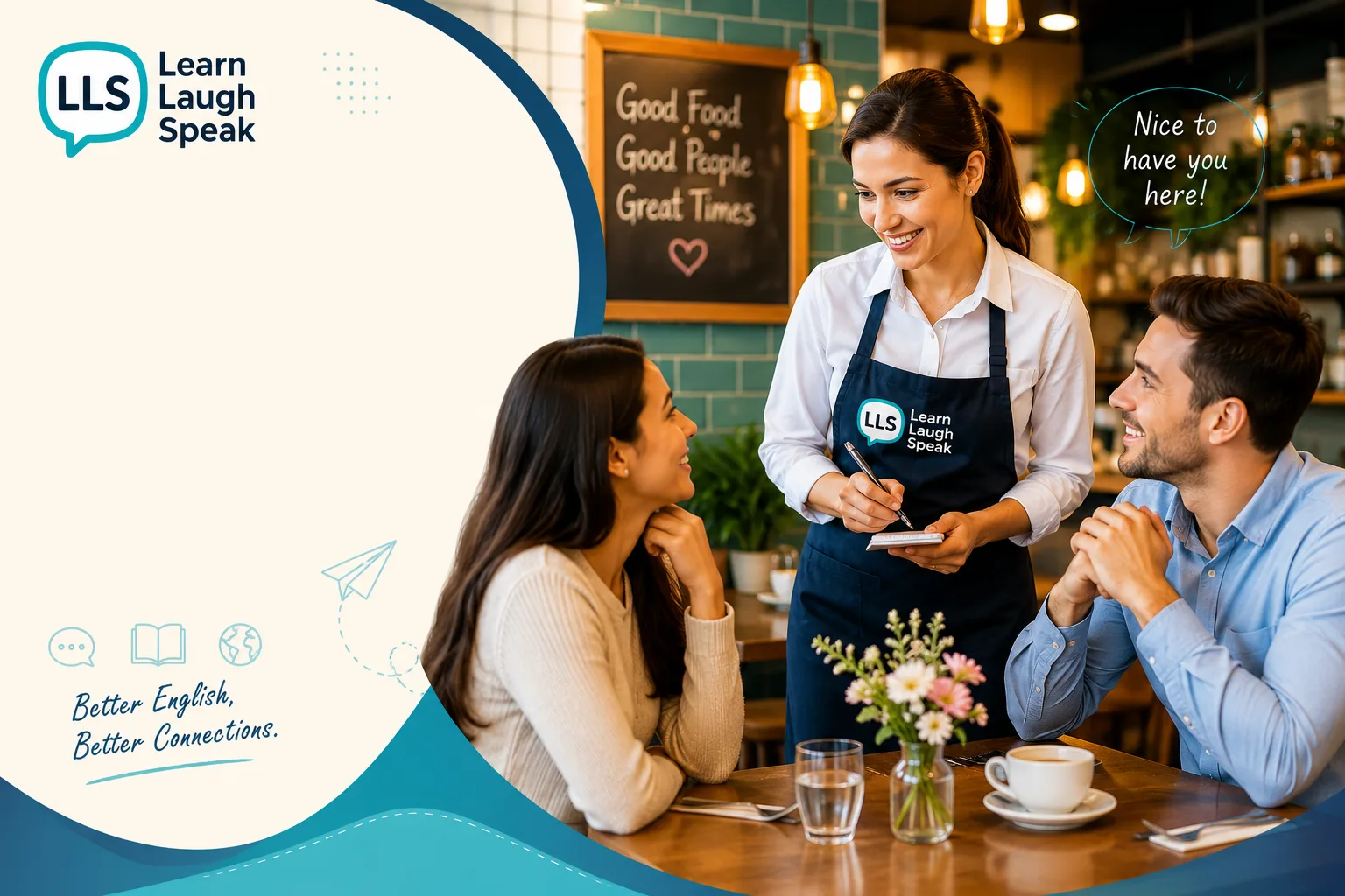Restaurant staff using chit chat with guests to create friendly customer service in English.