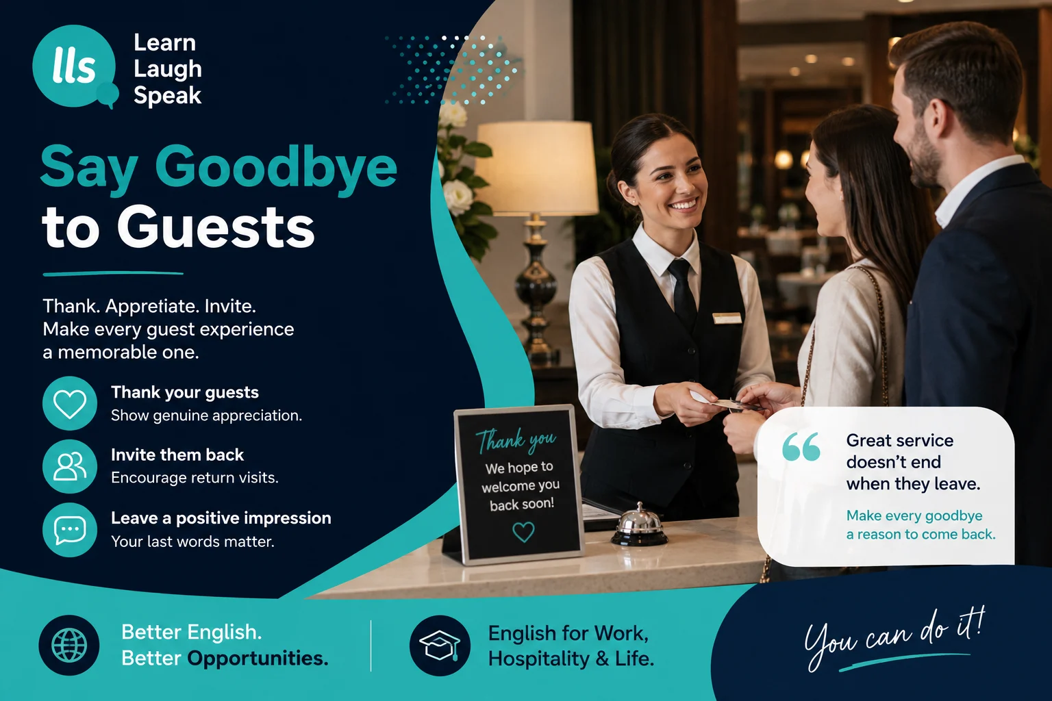 Hospitality worker using polite English to say goodbye to guests at a hotel reception and leave a positive final impression.