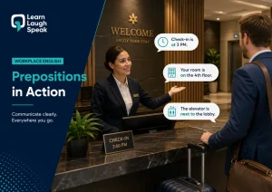Learn Laugh Speak branded image helping hotel, restaurant, and tourism staff use hospitality industry prepositions clearly with guests.