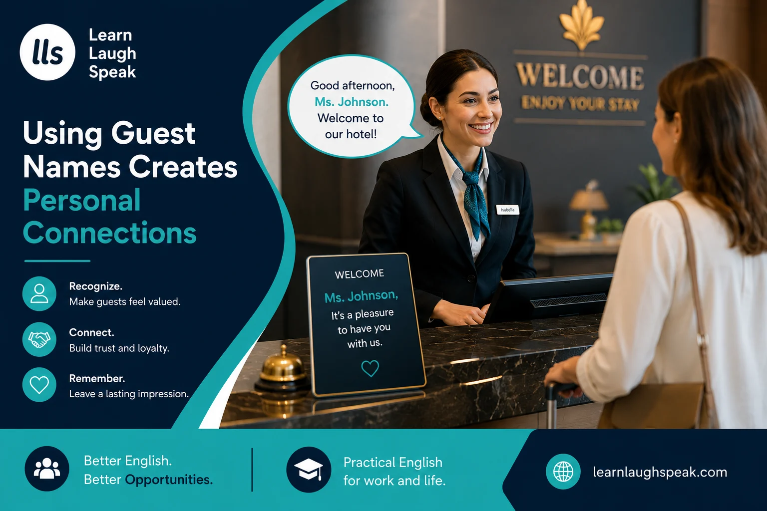Using guest names helps hospitality staff create a personal and professional welcome for guests at hotel reception.