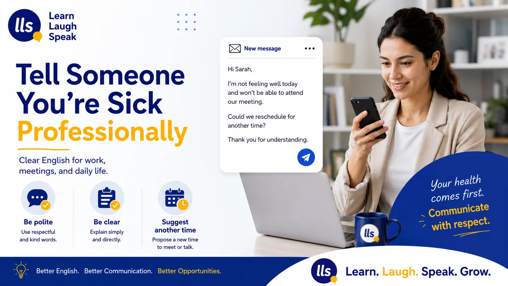 Infographic showing polite ways to tell someone you’re sick in English, including sick day messages, rescheduling phrases, and professional examples.