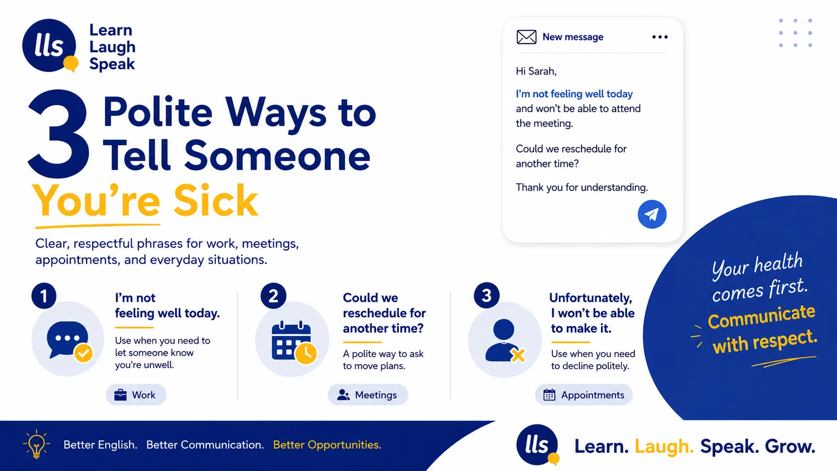 Infographic showing polite ways to tell someone you’re sick in English, including sick day messages, rescheduling phrases, and professional examples.