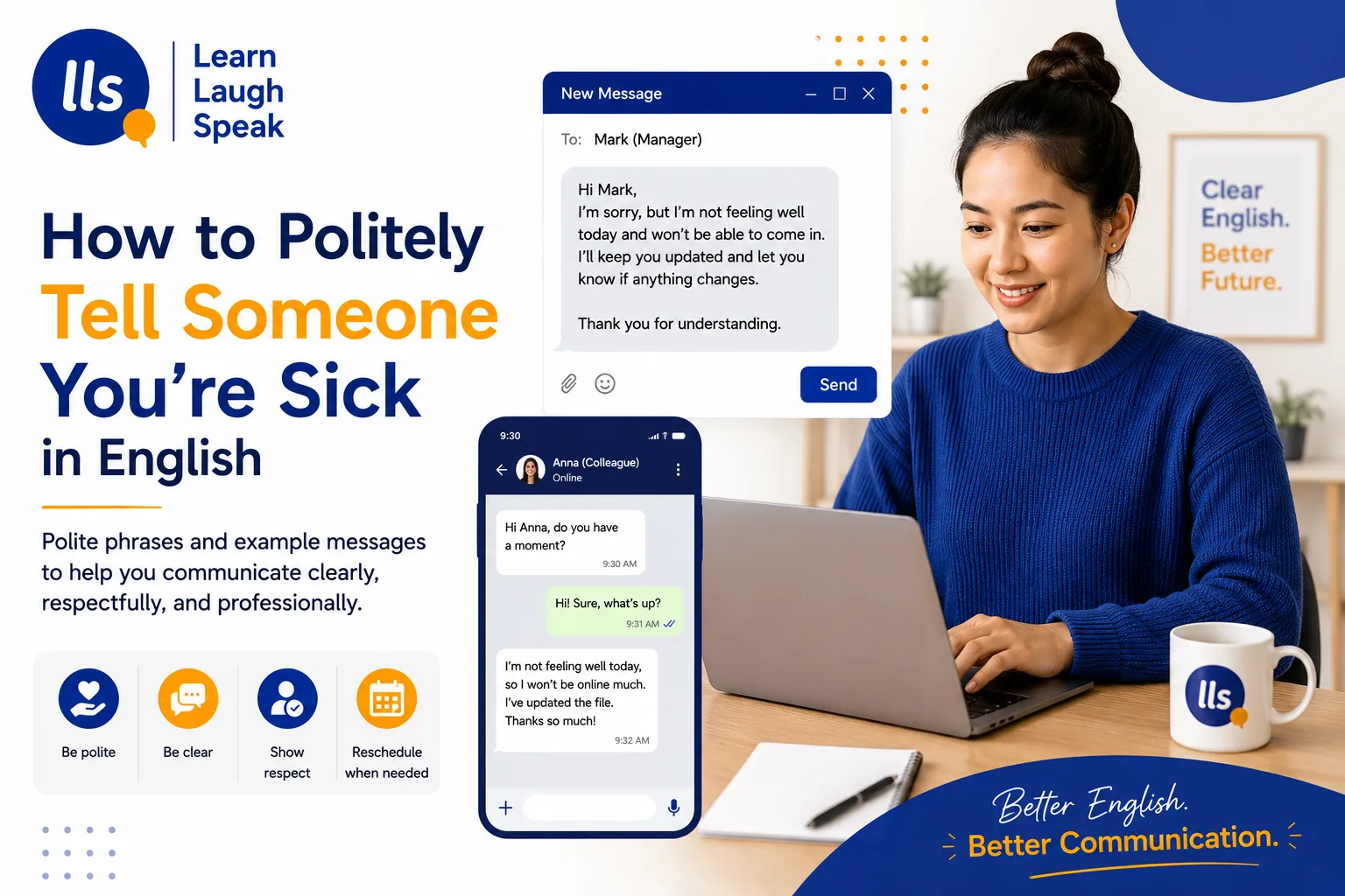 Adult English learner writing a polite message to tell someone you’re sick in English for work, meetings, and professional communication.