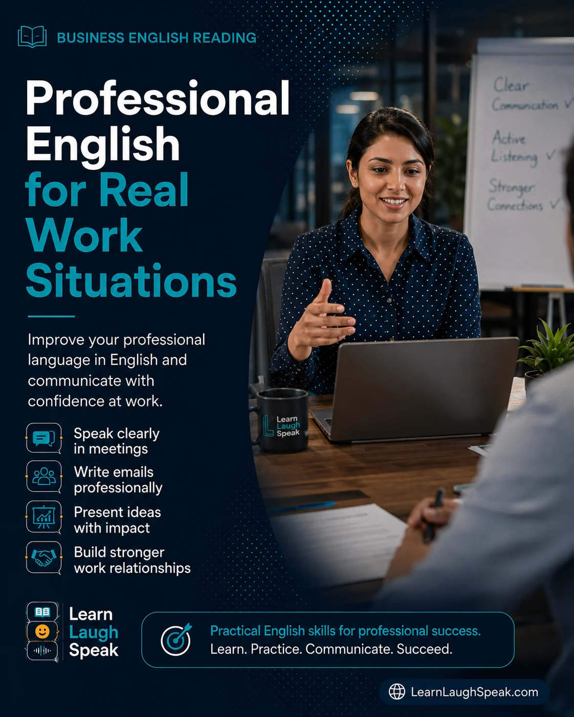 Infographic showing how to improve professional language with clear vocabulary, polite phrases, and workplace English practice.