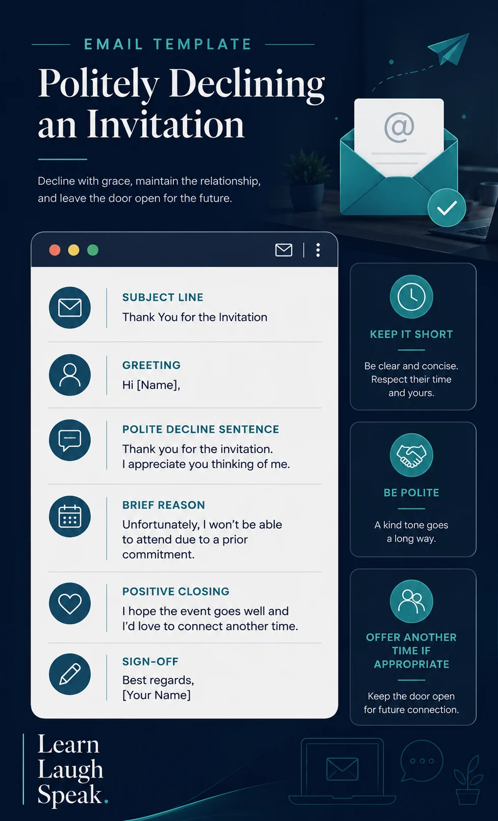 infographic for students to download on how to write an email to politely decline or say sorry I can't make it