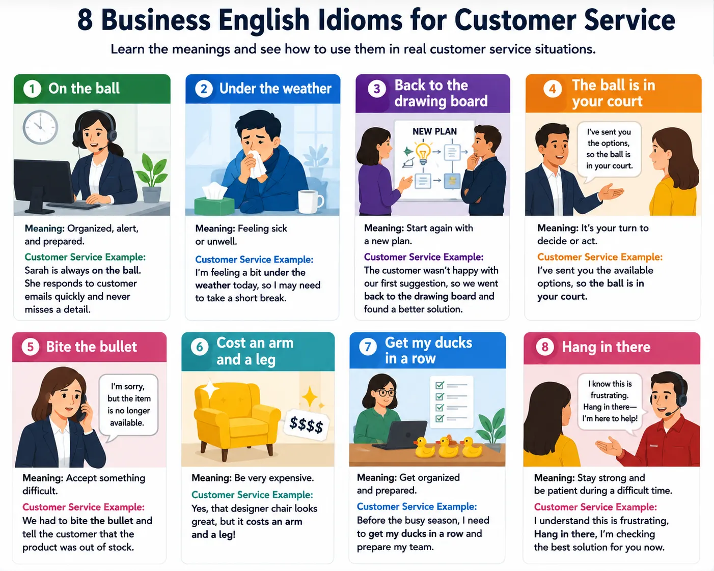 infographic breaking down 8 of the 16 idioms for students with images to help understanding. 