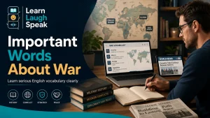 Adult English learner studying words about war in English while reading news and history vocabulary in a Learn Laugh Speak workspace.