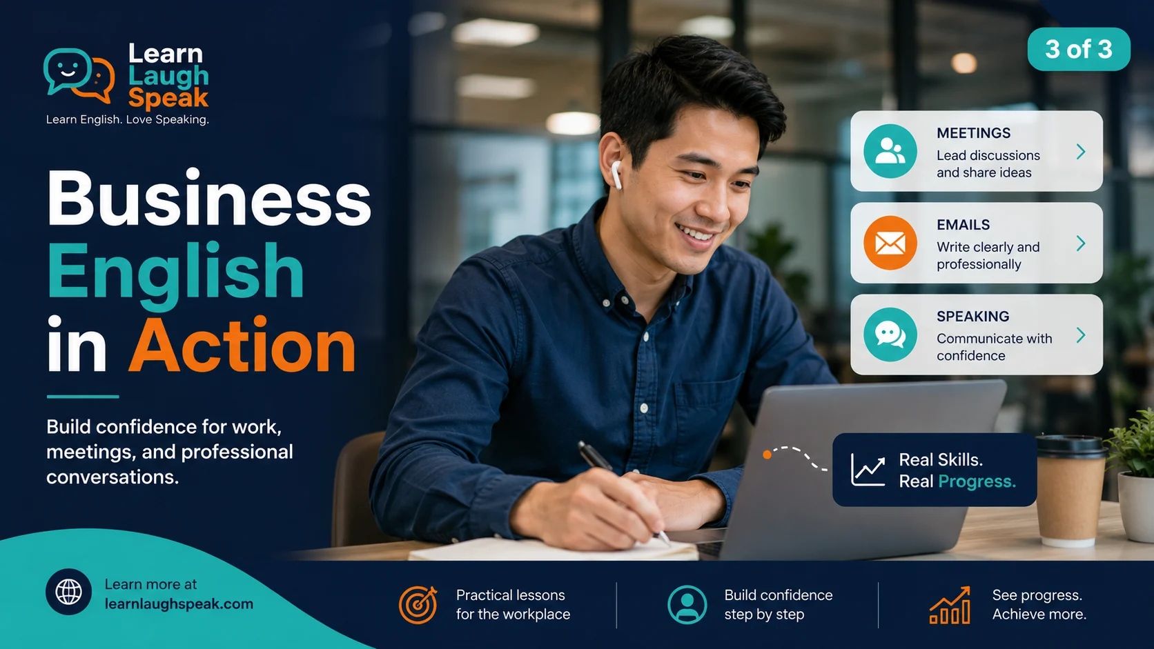 Learn Laugh Speak branded image showing adults improving business English skills for work, hospitality, international communication, and career growth.