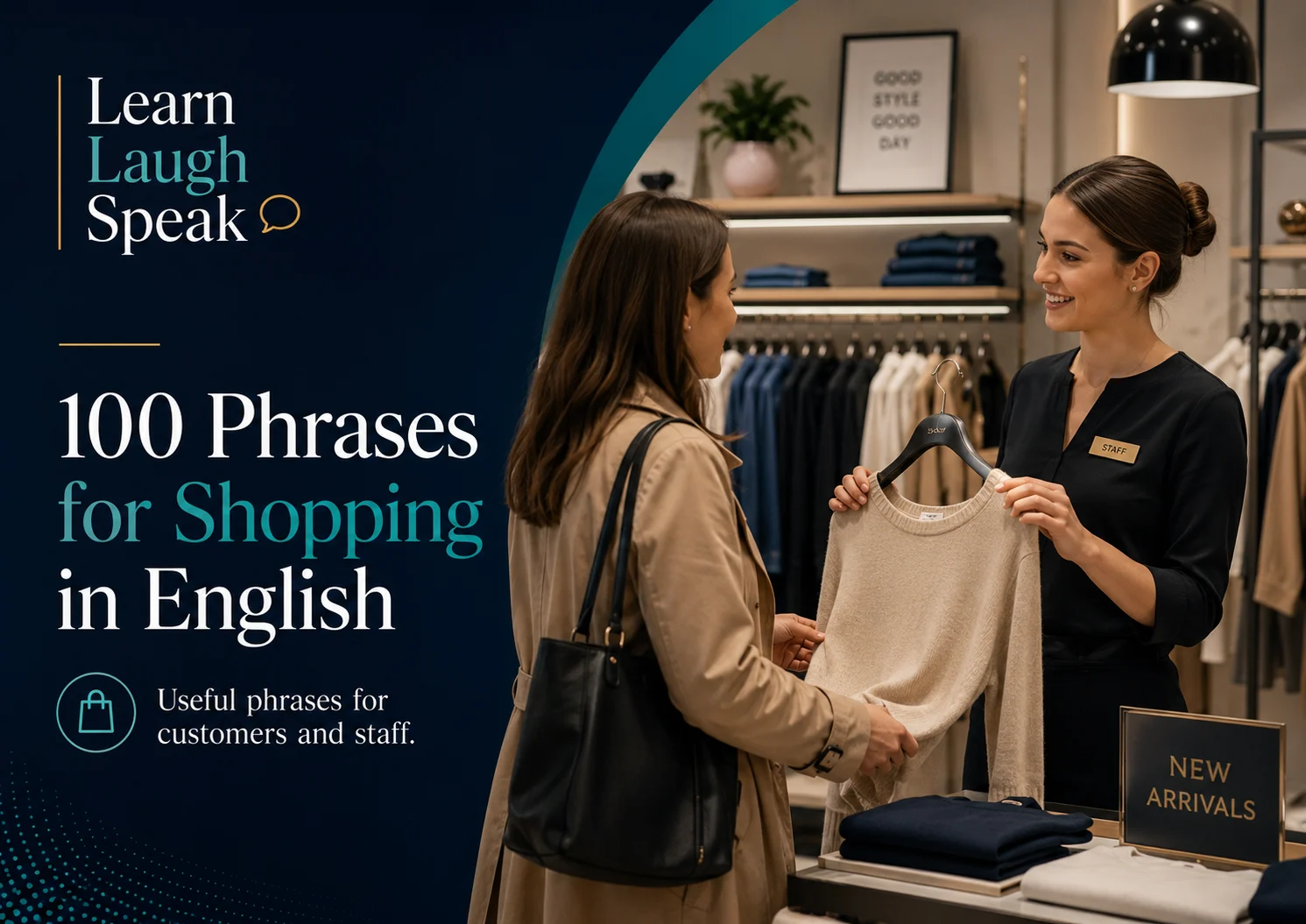 100 phrases for shopping in English blog banner explained by learn laugh speak