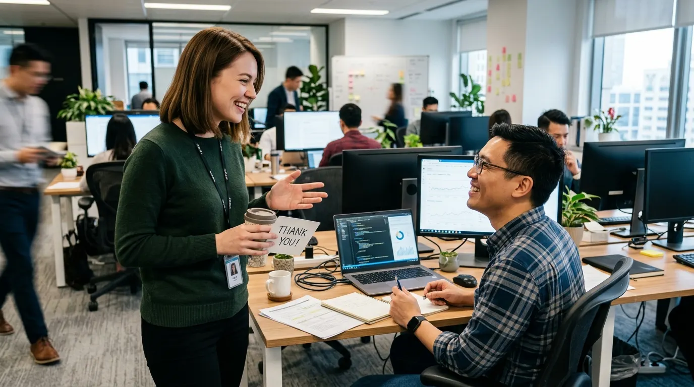 two coworkers clearly saying thank you professionally in the office